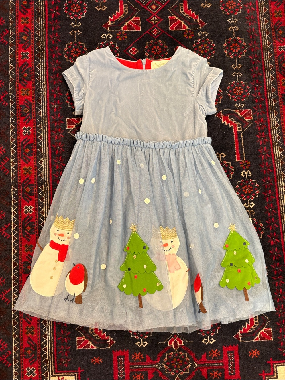 Mini Boden Light Blue Dress with Red Trim and Gold Accent